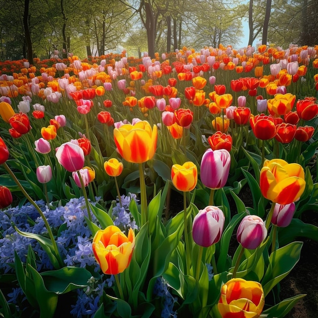 There are many different colored tulips in a field of flowers generative ai