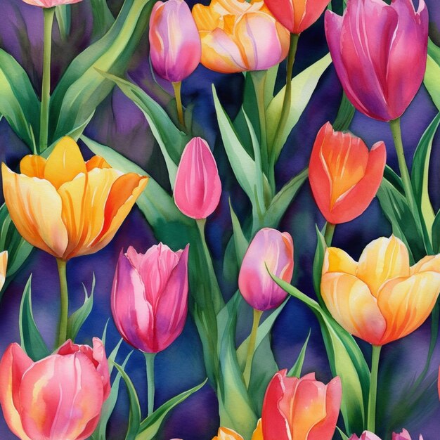 there are many different colored tulips in a field of green leaves generative ai