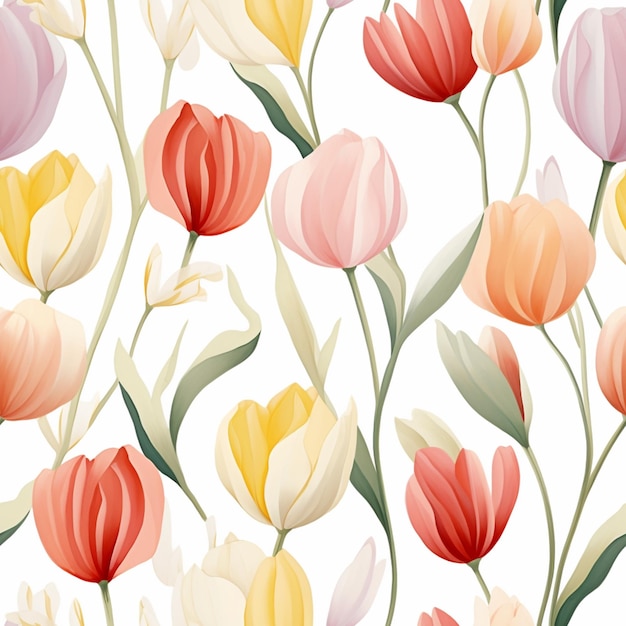 There are many different colored tulips on a white background generative ai