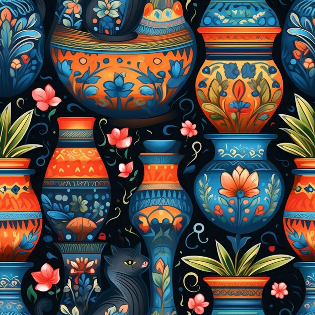 Photo there are many different colored vases with flowers and cats generative ai