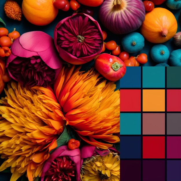 there are many different colors of flowers and fruits on the table generative ai