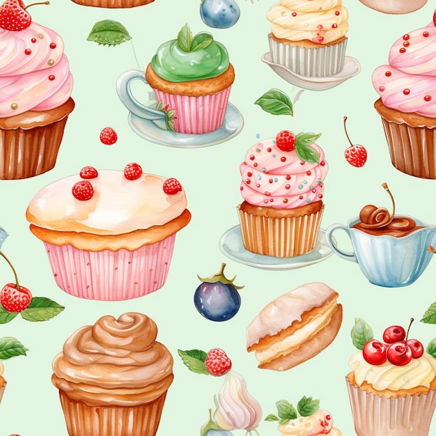 there are many different cupcakes and muffins on the table generative ai