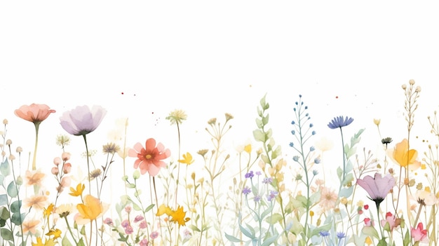 There are many different flowers in the field on a white background generative ai