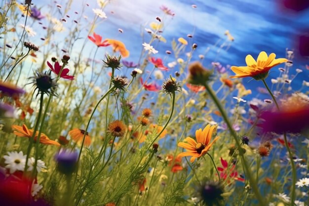 There are many different flowers in the field with a blue sky in the background generative ai