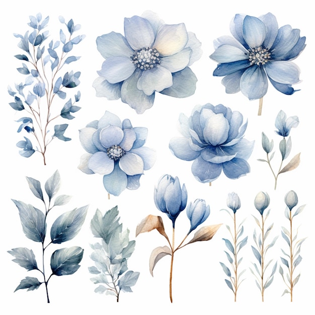 There are many different flowers and leaves painted in watercolor generative ai