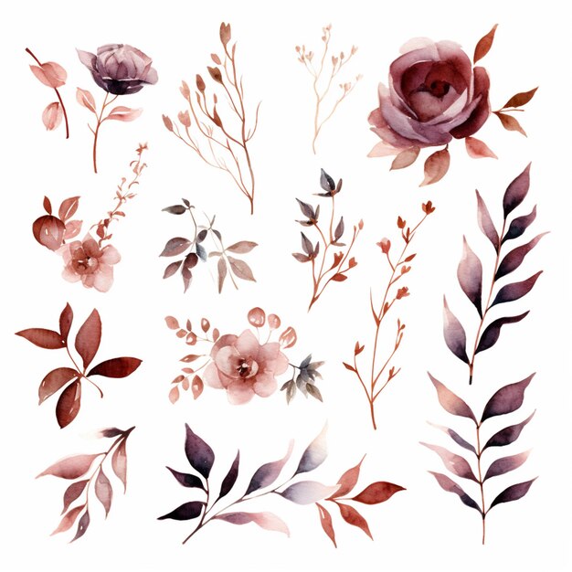 there are many different flowers and leaves painted on a white background generative ai