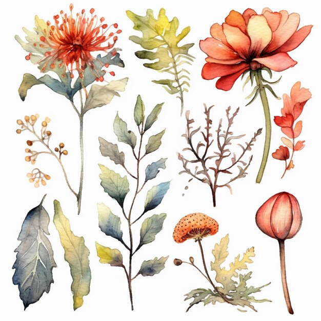 there are many different flowers and leaves painted on a white background generative ai