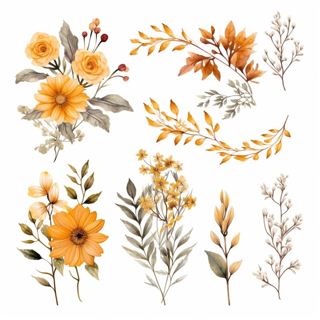 There are many different flowers and leaves on this white background generative ai