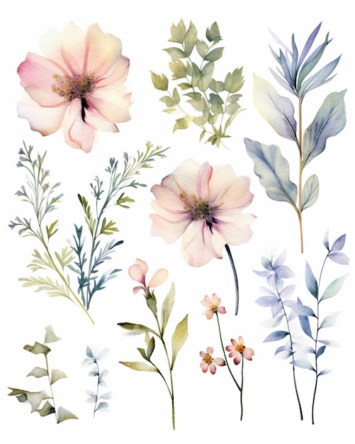 There are many different flowers and leaves on this white background generative ai