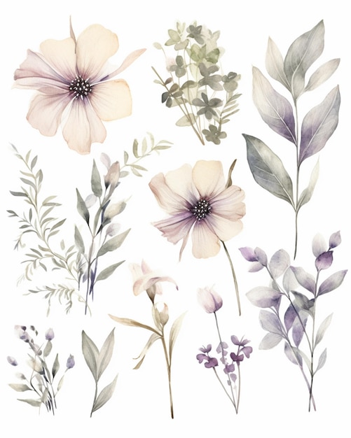 There are many different flowers and leaves on this white background generative ai