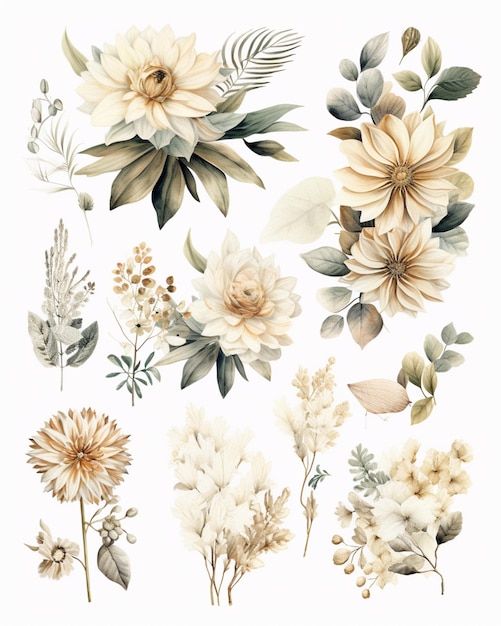 There are many different flowers and leaves on this white background generative ai