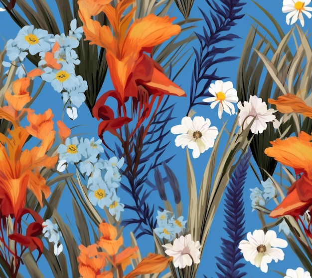 There are many different flowers and plants on a blue background generative ai