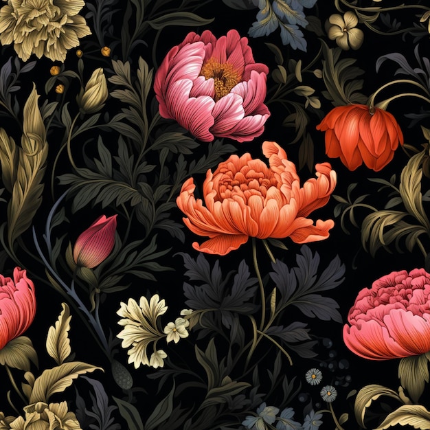 there are many different flowers that are on a black background generative ai