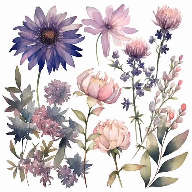 there are many different flowers that are painted on a white background generative ai