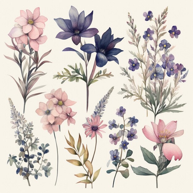 There are many different flowers that are painted on a white background generative ai