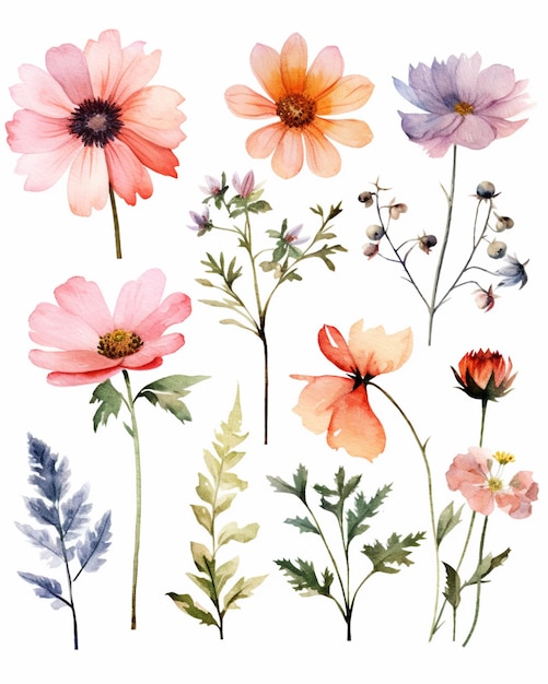 There are many different flowers that are painted on a white background generative ai