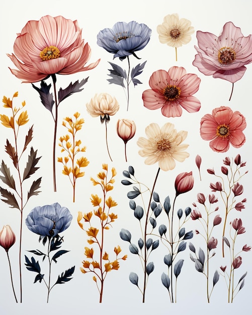 There are many different flowers that are painted on a white background generative ai