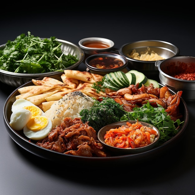테이블 생성 AI의 접시에는 다양한 음식이 있습니다.