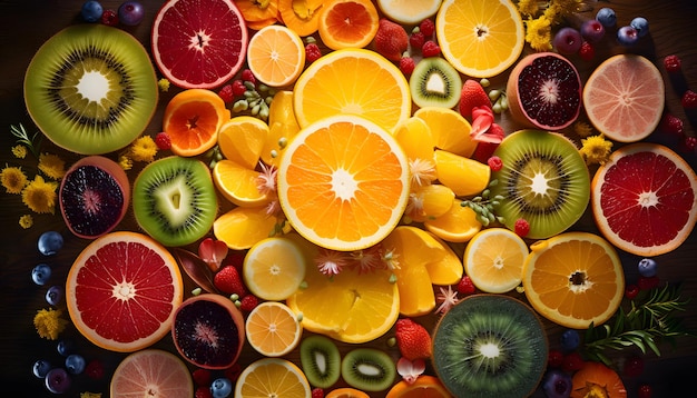 Photo there are many different fruits arranged in a circle on a table generative ai