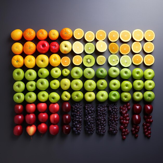 Photo there are many different fruits arranged in a rainbow of colors generative ai