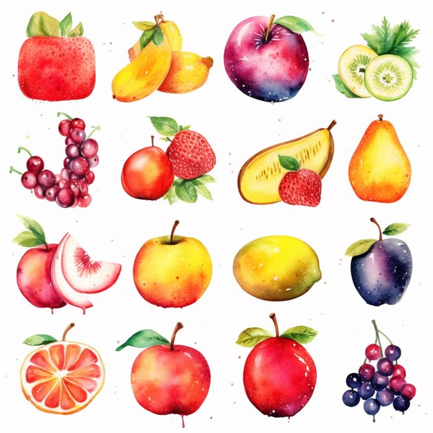 Есть много различных фруктов и ягод, нарисованных на белом фоне.
