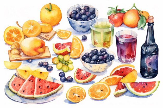 There are many different fruits and drinks on the table generative ai