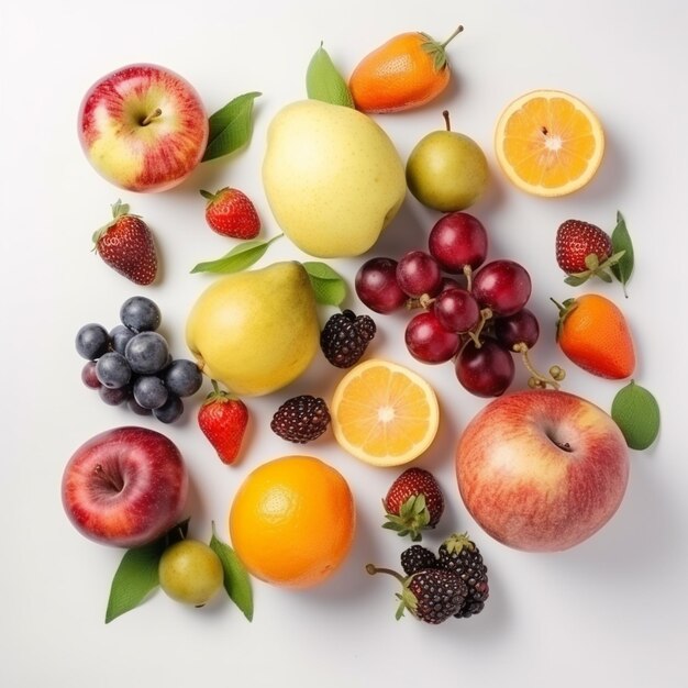 there are many different fruits and vegetables arranged together on a white surface generative ai