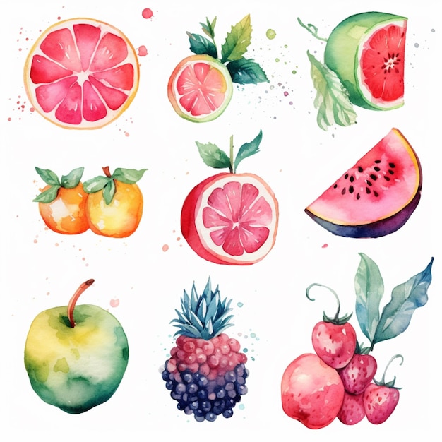 さまざまな果物や野菜が水彩生成 AI で描かれています