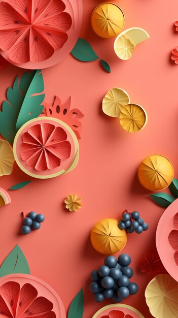 There are many different fruits and vegetables on a pink background generative ai