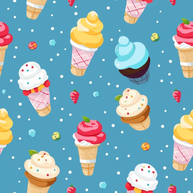 there are many different ice creams and cupcakes on this blue background generative ai