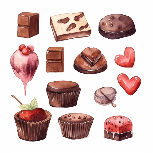 Photo there are many different kinds of chocolates and cakes on this picture generative ai