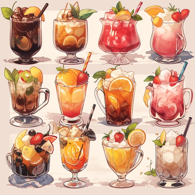 Photo there are many different kinds of drinks in different glasses generative ai