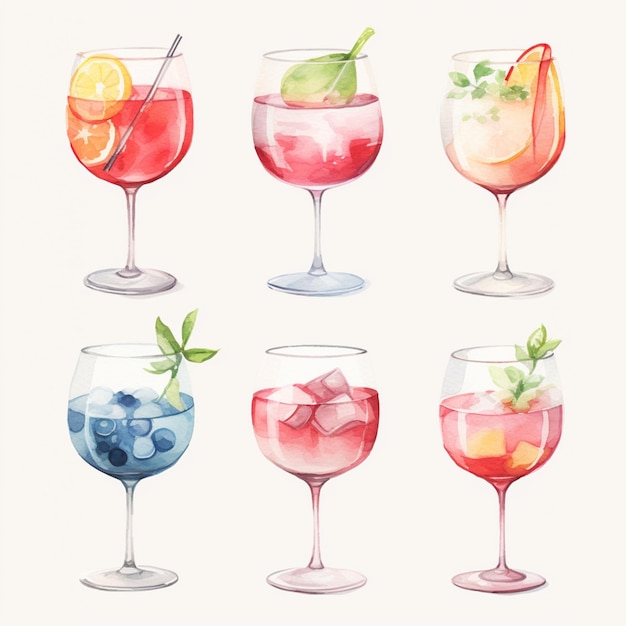 Photo there are many different kinds of drinks in glasses on the table generative ai