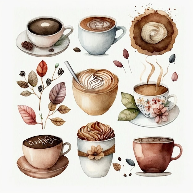 Фото Есть много разных видов кофейных чашек и тарелок.