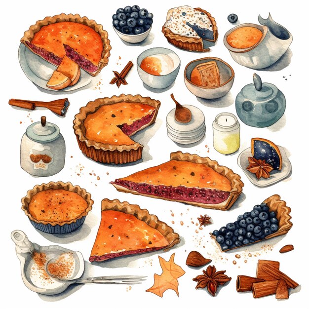 There are many different kinds of pies and other foods on the table generative ai