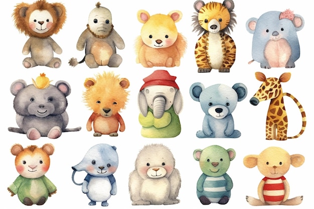 there are many different kinds of stuffed animals on this white background generative ai