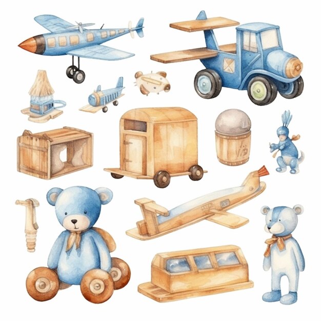 there are many different kinds of toys and toys on this picture generative ai