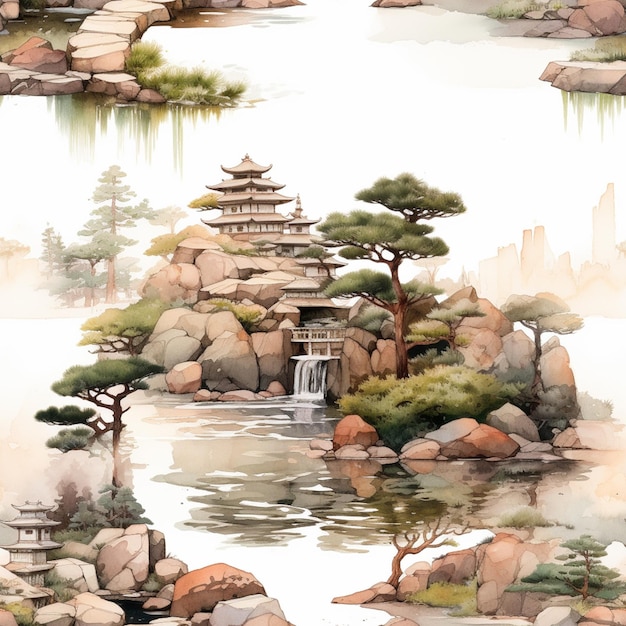 there are many different pictures of a watercolor painting of a pagoda generative ai