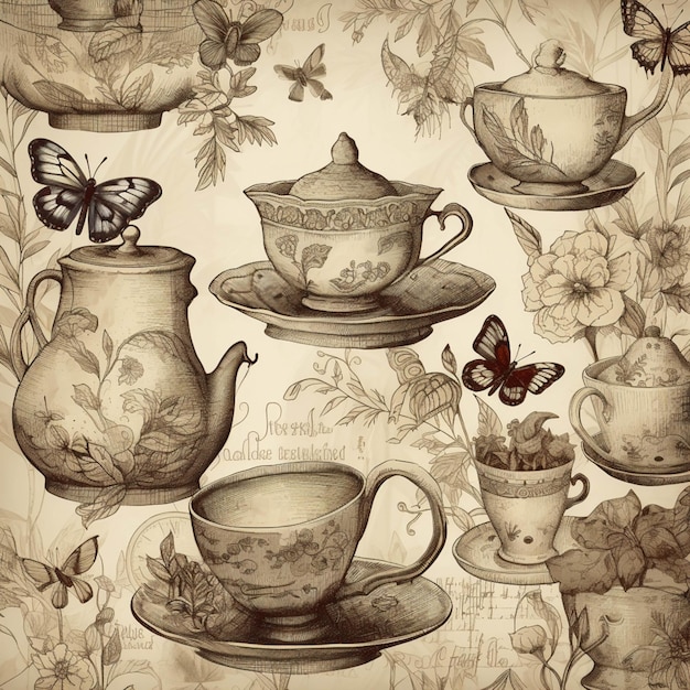 There are many different tea cups and saucers on this table generative ai