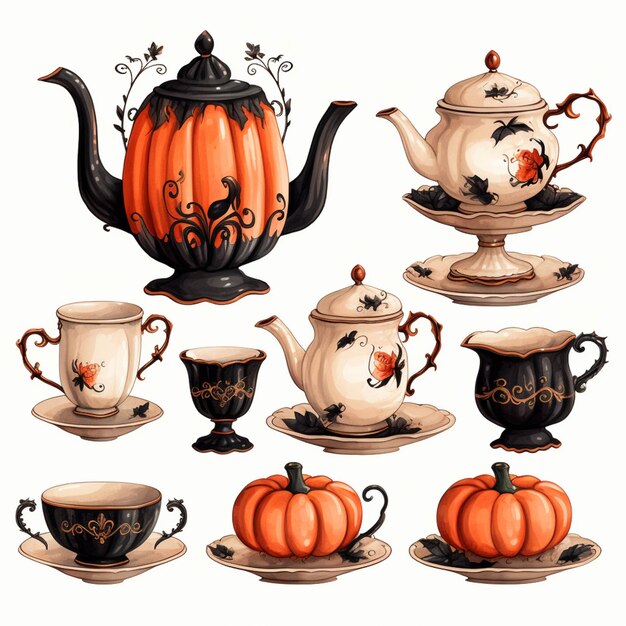 There are many different teapots and cups with pumpkins on them generative ai