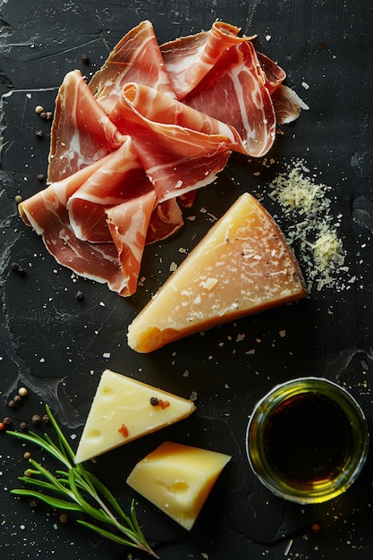 there are many different types of cheese and meat on a table generative ai