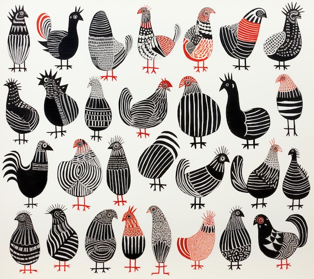 Photo there are many different types of chickens on a white background generative ai