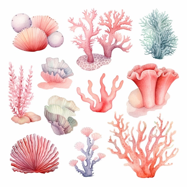 there are many different types of corals and shells on this page generative ai