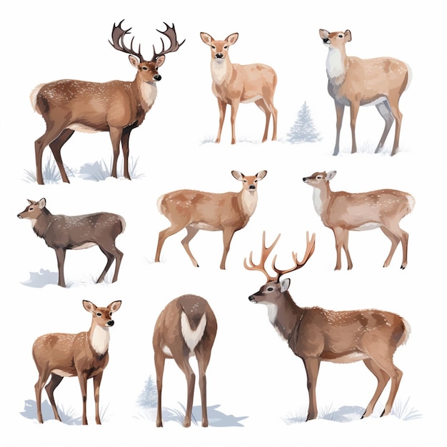 Photo there are many different types of deer standing in the snow generative ai