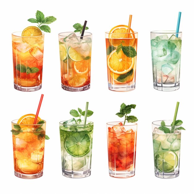 there are many different types of drinks in glasses with straws generative ai