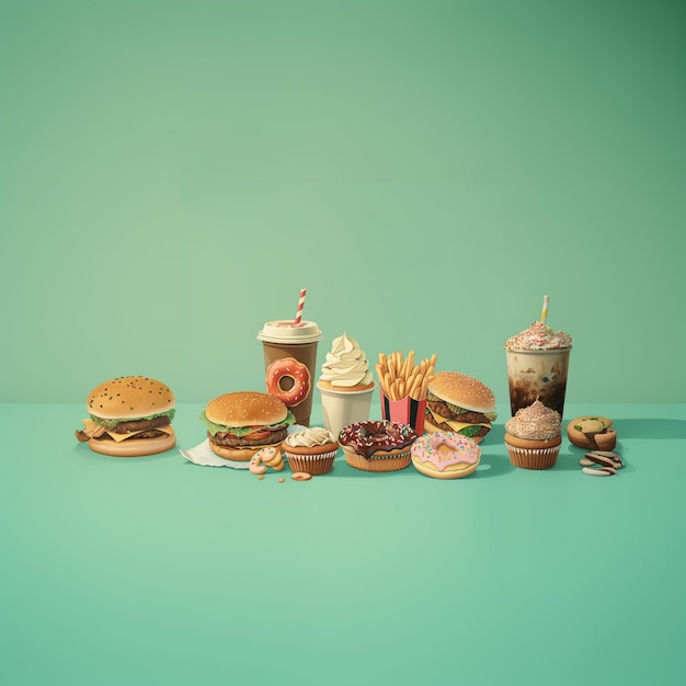 there are many different types of fast food and drinks on the table generative ai