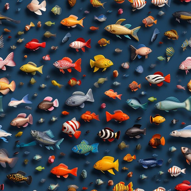 Foto ci sono molti tipi diversi di pesci su uno sfondo blu generativo ai
