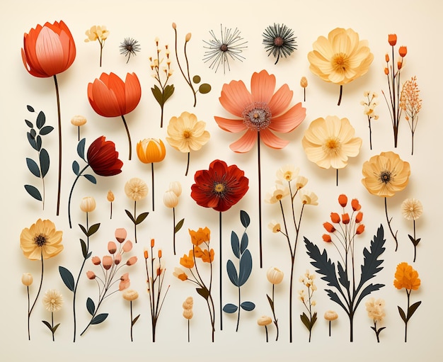 There are many different types of flowers arranged on a white surface generative ai