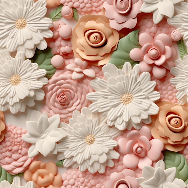 there are many different types of flowers on a cake generative ai