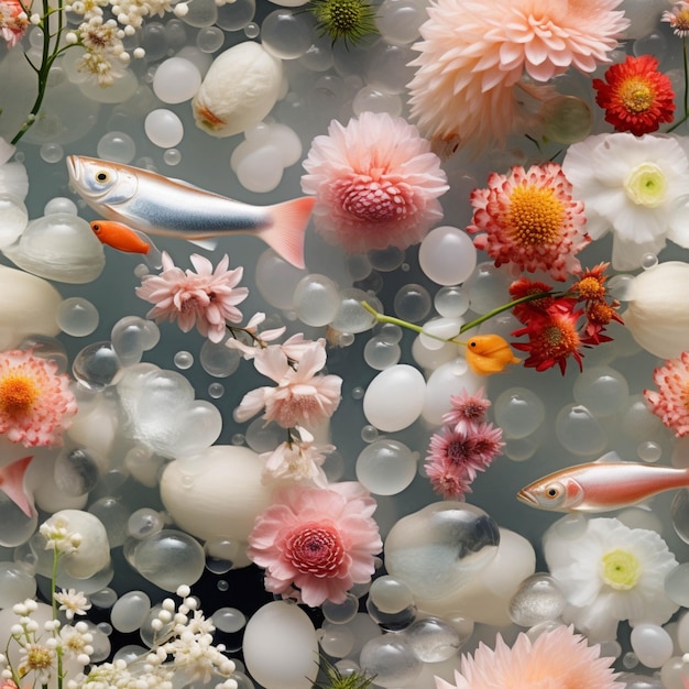 There are many different types of flowers and fish in the water generative ai